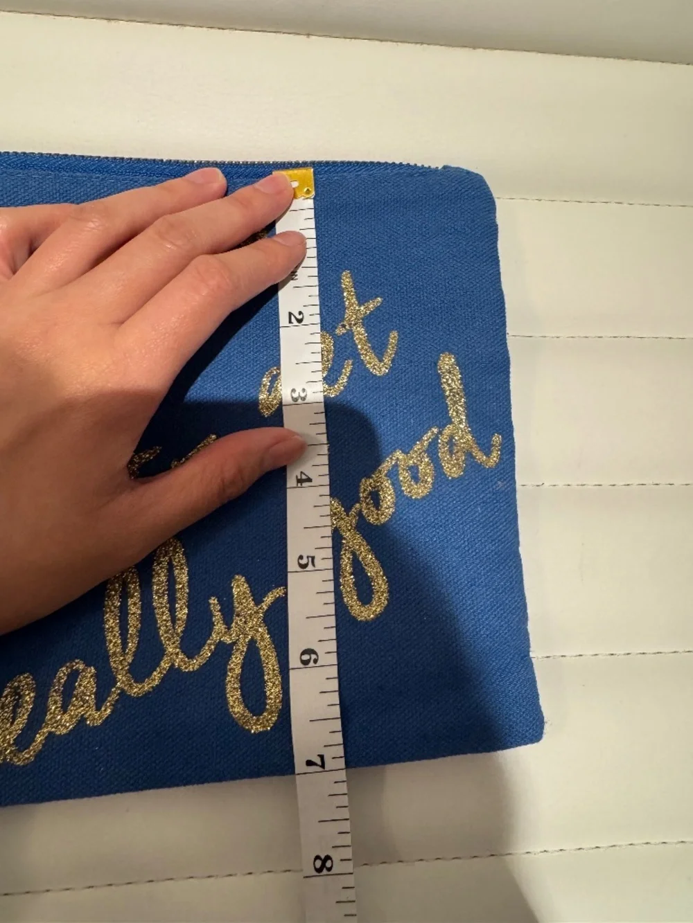 Charming Charlie Blue Canvas Makeup Bag Pouch Gold Glitter Quote Cosmetic Case